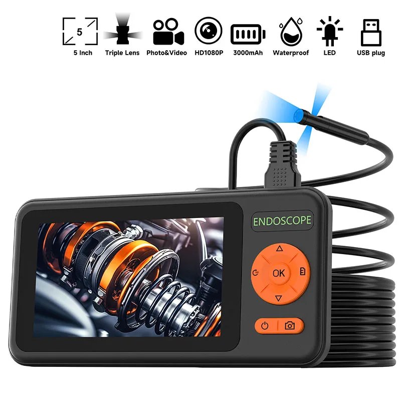 5'' IPS Screen Industrial Endoscope Autofocus Camera HD1080P Single Dual Triple Lens Video USB Probe Car Inspection Borescope