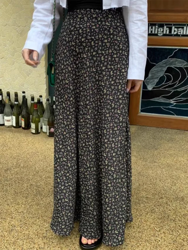 Saia Longa Floral E de Cintura Alta em A para Mulheres, Novo Estilo Primavera, Chic e Versátil, Saia Drapeada para o D...