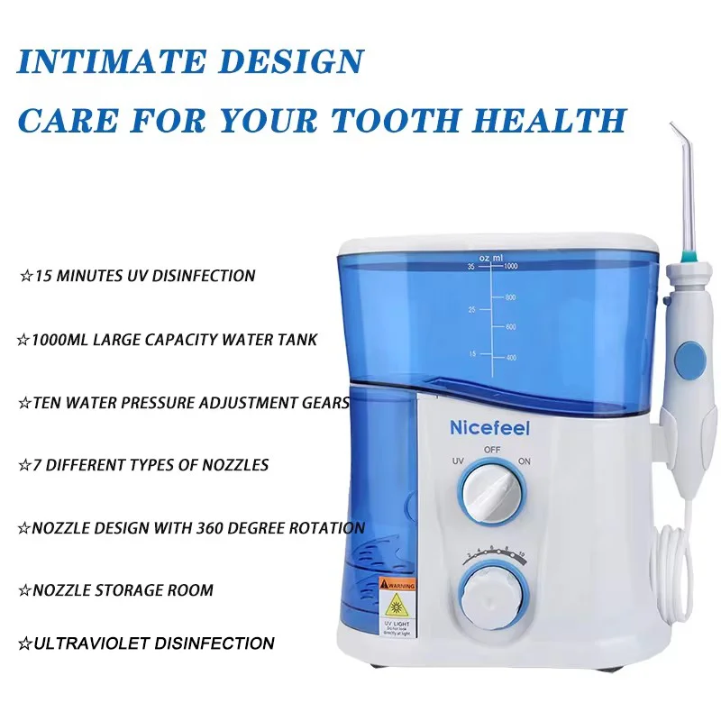 Oral Irrigator with Ultraviolet Disinfection Water Flosser Jet 1000ml Water Tank 7 Nozzle Teeth Whitening Cleaning for Oral Care