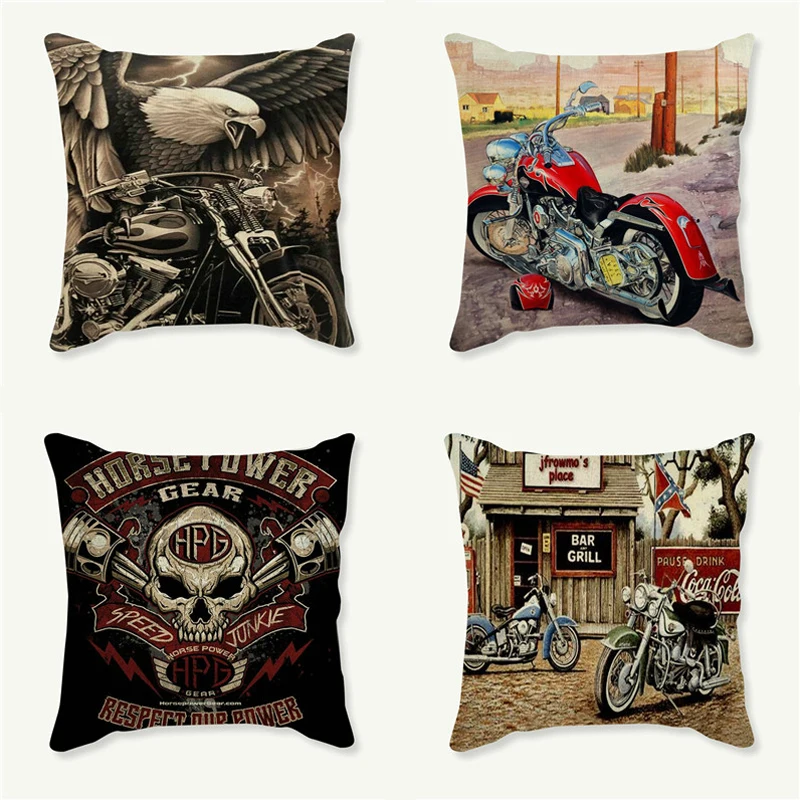 

Retro Motorcycle Cushion Cover Linen Polyester Blending Throw Pillow Cover Nostalgic Home Decorative Pillowcase for Seat Couch