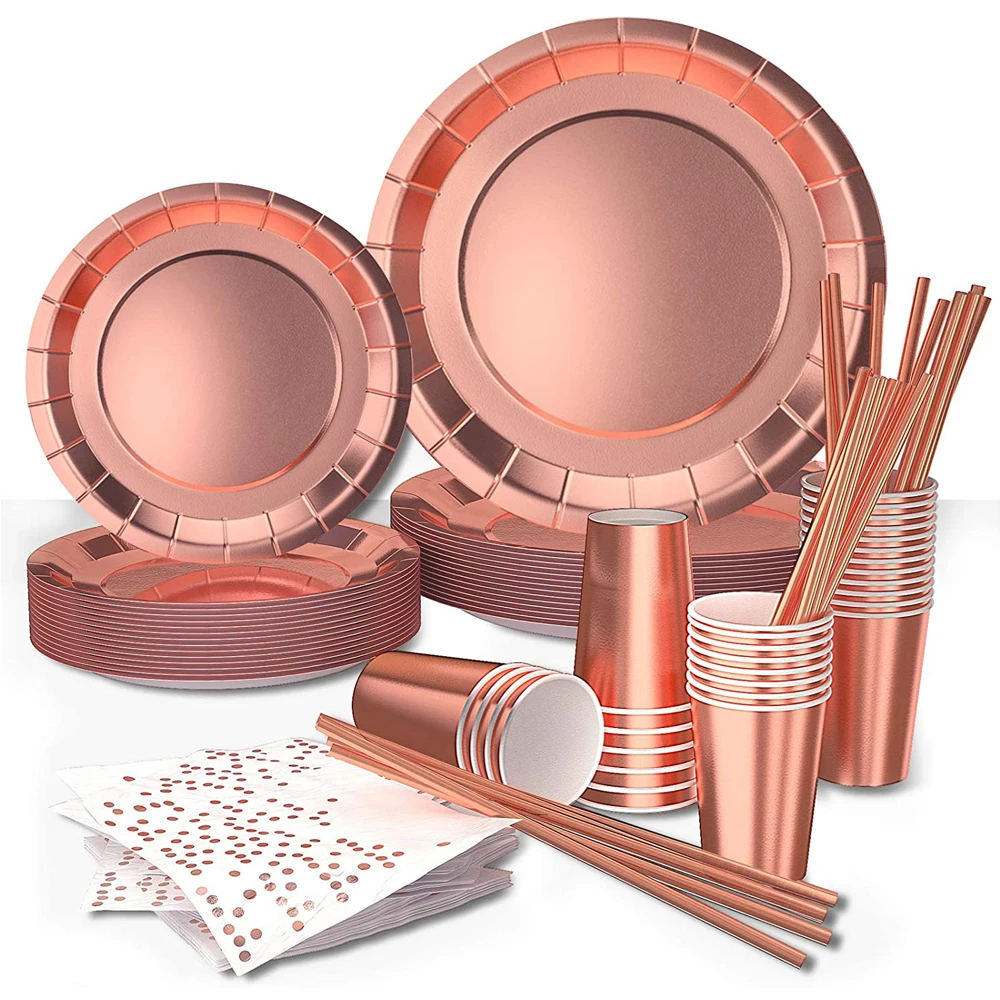 

250Pcs Disposable Party Tableware Set Rose Gold Aluminum Foil Paper Plate Cup Napkin Straw Wedding Party Decoration Supplies