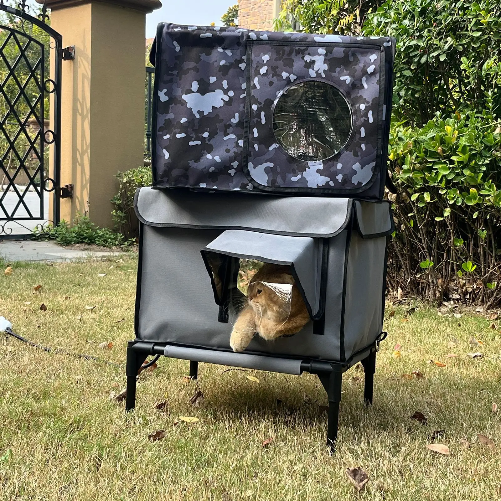 Portable Heated Outdoor Rectangle Cat House Winter Warm Shelter Waterproof Windproof Camouflage Design Thermostat Box