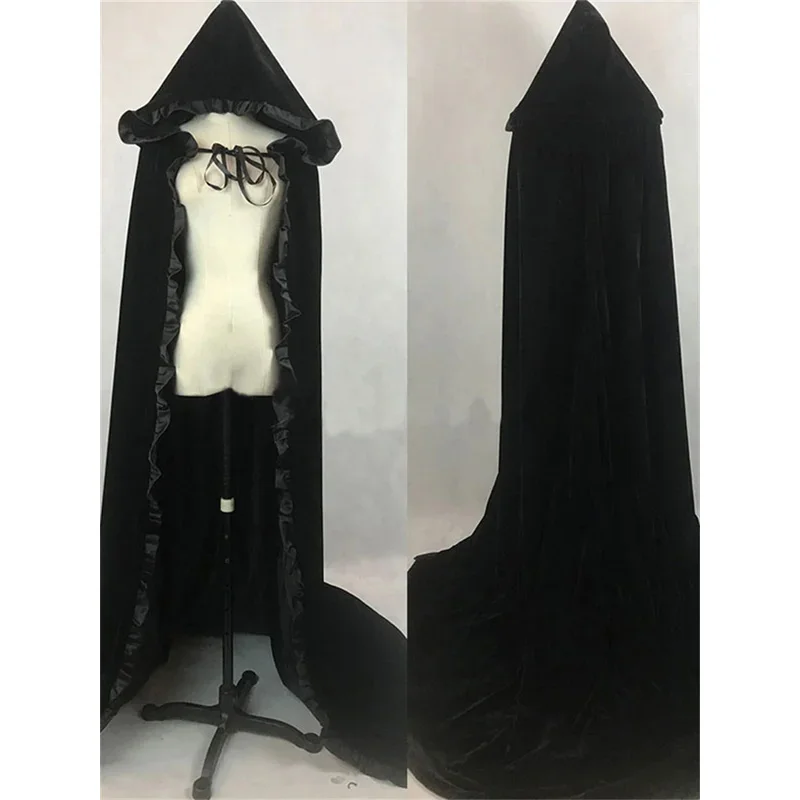 Jubah Pengantin Panjang Berkerudung Beludru Hitam Merah Anggur dengan Rumbai untuk Halloween, Wicca, Mantel, Selendang Pengantin, Jubah Abad Pertengahan ir;l5