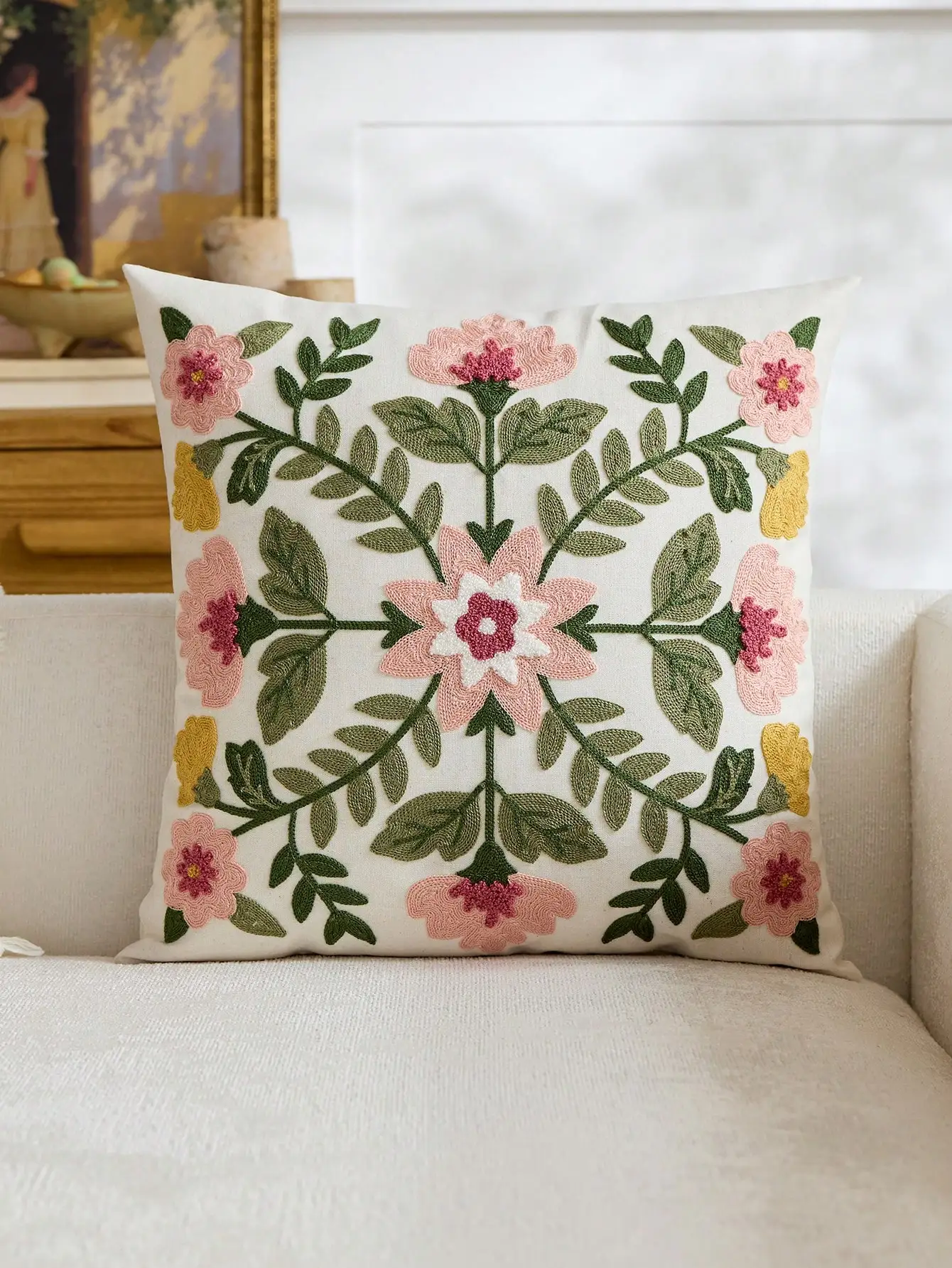 1pc Green Floral Leaf Embroidered Throw Pillow Cover, Spring/Summer Flower Decor Cushion Cover, Suitable For Indoor Decoration, All Season Pillow Sham, Pillow Insert Not Included