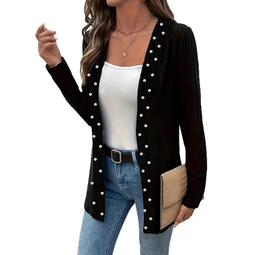 Women Cardigan Burgundy Long Sleeve Knit Jacket Pearl Embellished Open Front Cardigan Navy Blue Knitted Cardigan Women's