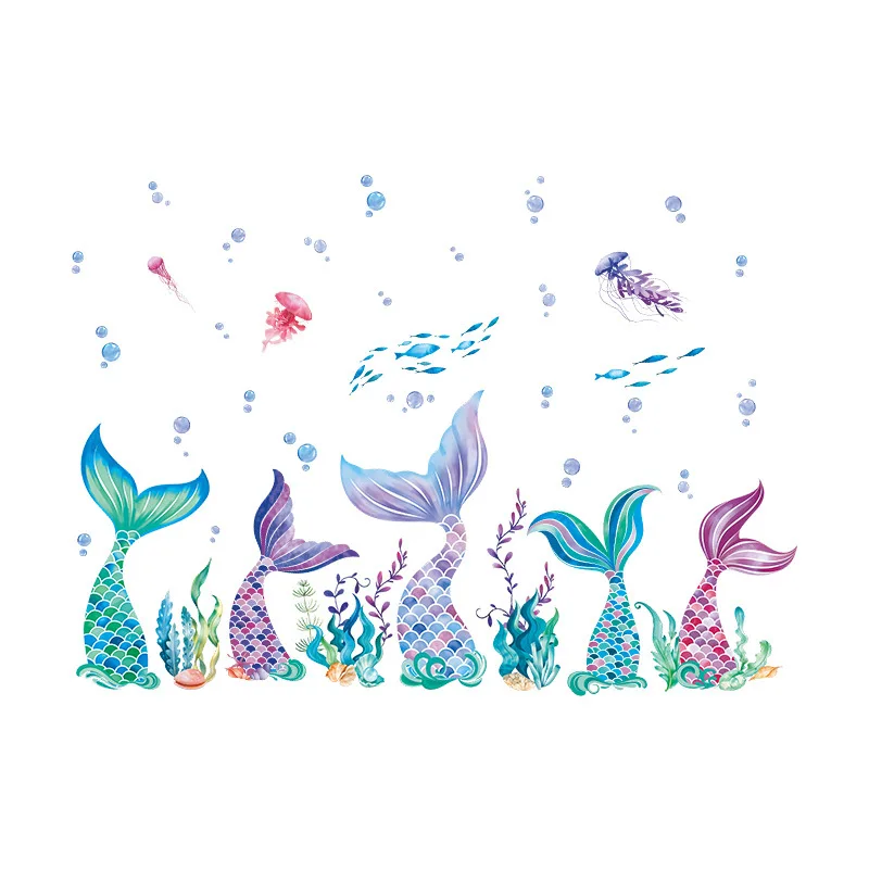 Summer Mermaid Bathroom Wall Decoration Waterproof Wall Sticker Watercolor Ocean Animal Girl Bedroom Wall Sticker Bubble Self-Ad