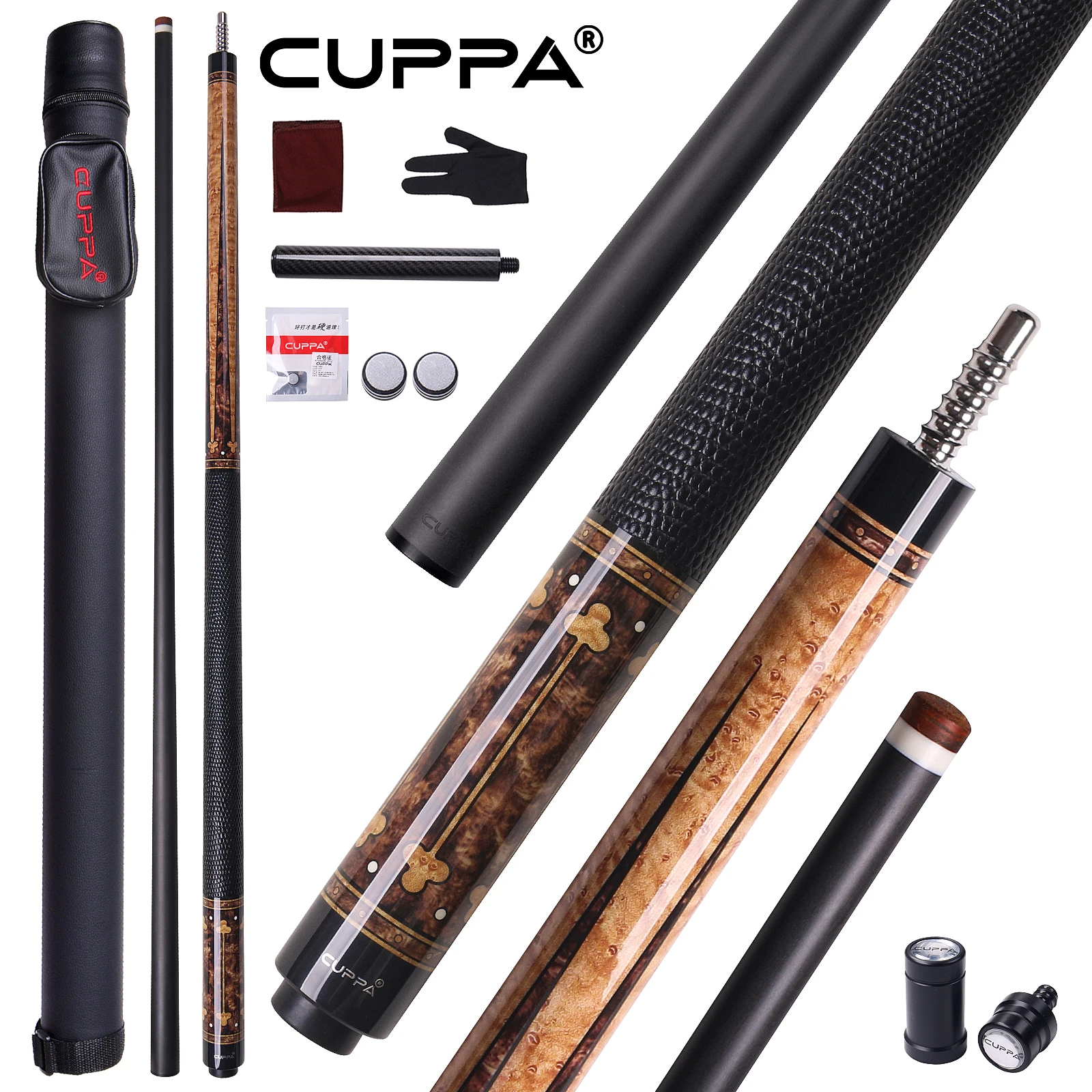 CUPPA Carbon Fiber Pool Cue with Case 58-inch Pool Stick Professional Low-deflection Shaft Radial Joint 12.5mm Tip for Adults