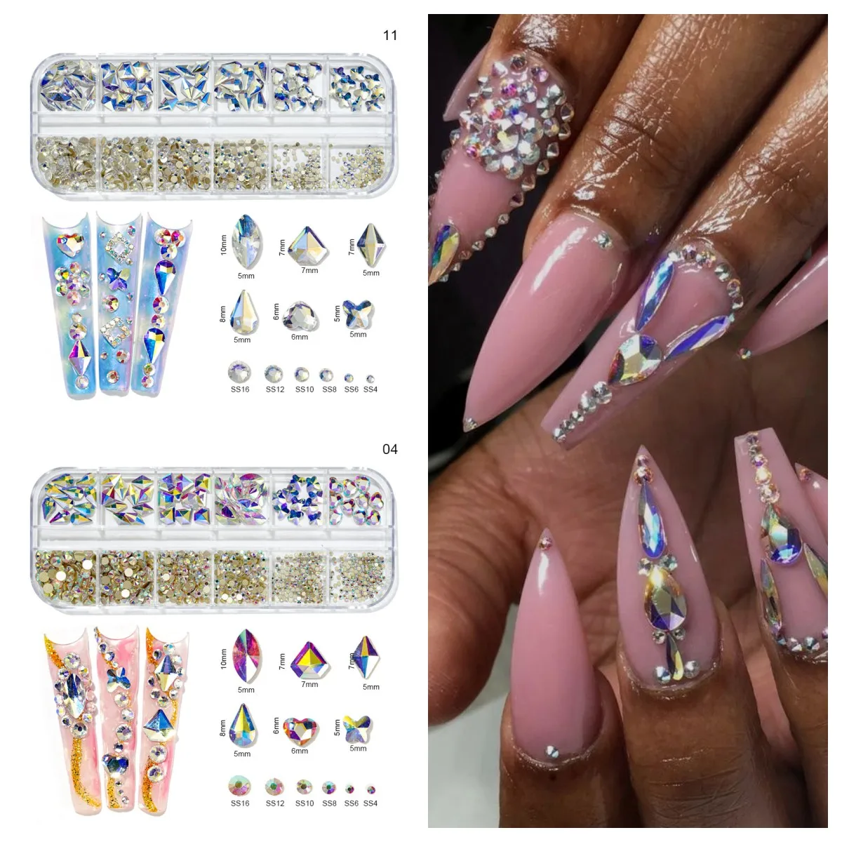 2 Boxes Multi Size AB And Colorful Rhinestones Flatback Crystal Diamond Gems 3D Glitter Nail Art Luxurious Nail Decor 