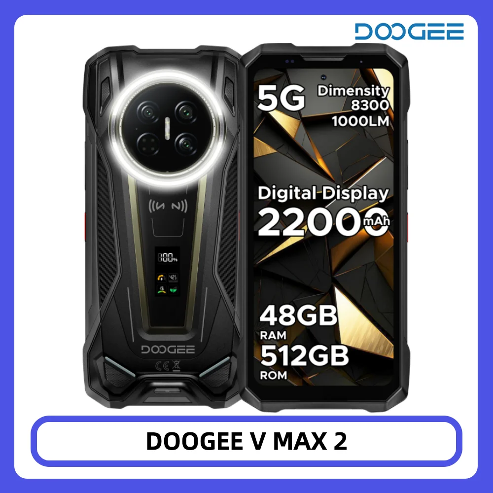 DOOGEE V Max 2 Telefono Rugged 6.78” FHD+ 120Hz 22000mAh/120W 48GB+512GB Dimensity 8300 200MP+20MP Visione Notturna Luce da Campeggio Smartphone Andro