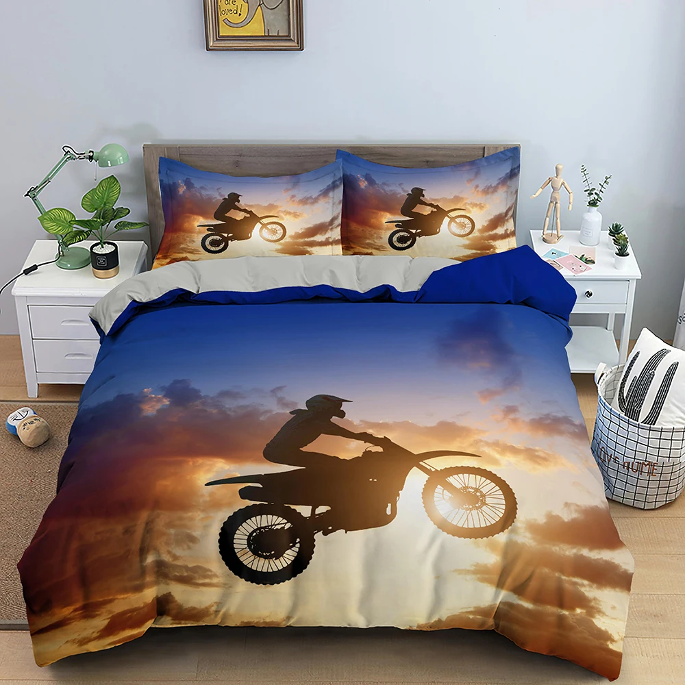 

Motocross King Queen Bedding Set For Boys Adults Off-road Race Motorcycle Duvet Cover Dirt Bike Rider Polyester Comforter Cover