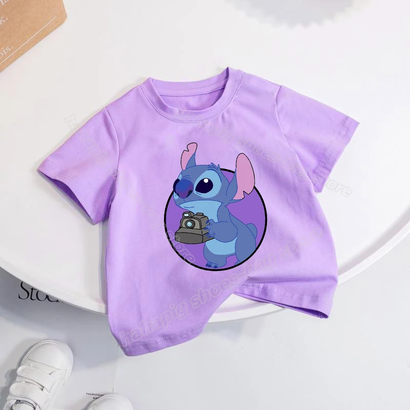 Lilo Stitch Girl T-Shirt Purple Cartoon Symmer Kids Tee Tops Short Sleeve T Shirts Cute Kawaii Summer Casual Children Clothes