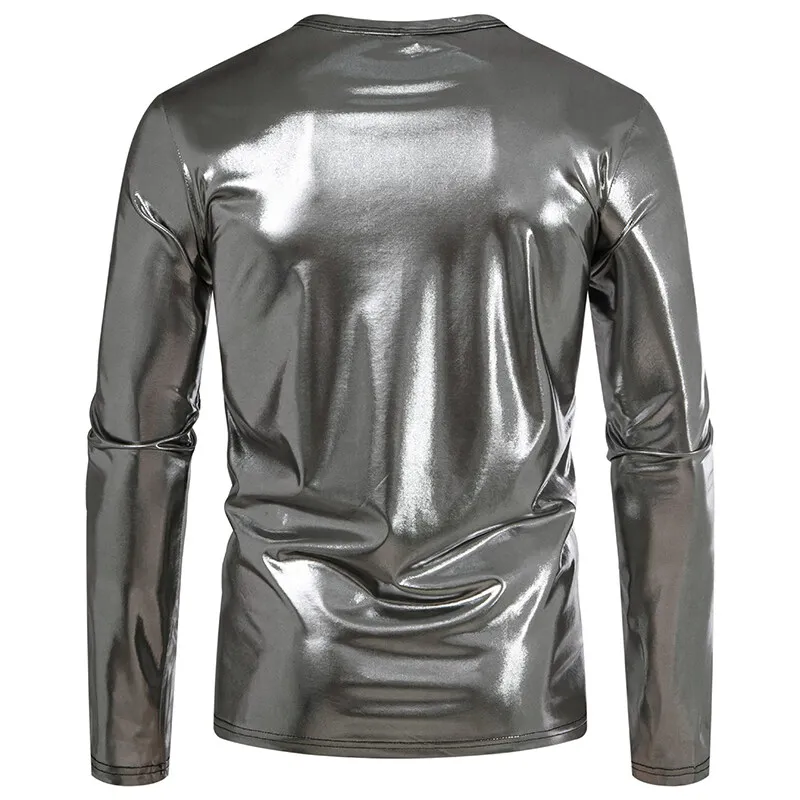 Men's Shiny Metallic T-Shirts Casual O Neck Long Sleeve Top Tees New Fashion Gold Stage Costume Disco Party NightClub Tee