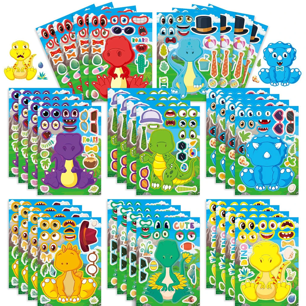 

8/16Sheets Kids Make-a-Face Puzzle Stickers Create Your Own Dinosaur Children Assemble Jigsaw Game Party Decoration Toys Gift