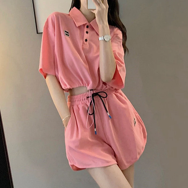 2 Piece Sets Women 2024 Summer Trendy Polo Collar Short Sleeve Sexy Crop Tops Y2K Female Solid Loose Sports Jogger Shorts Outfit