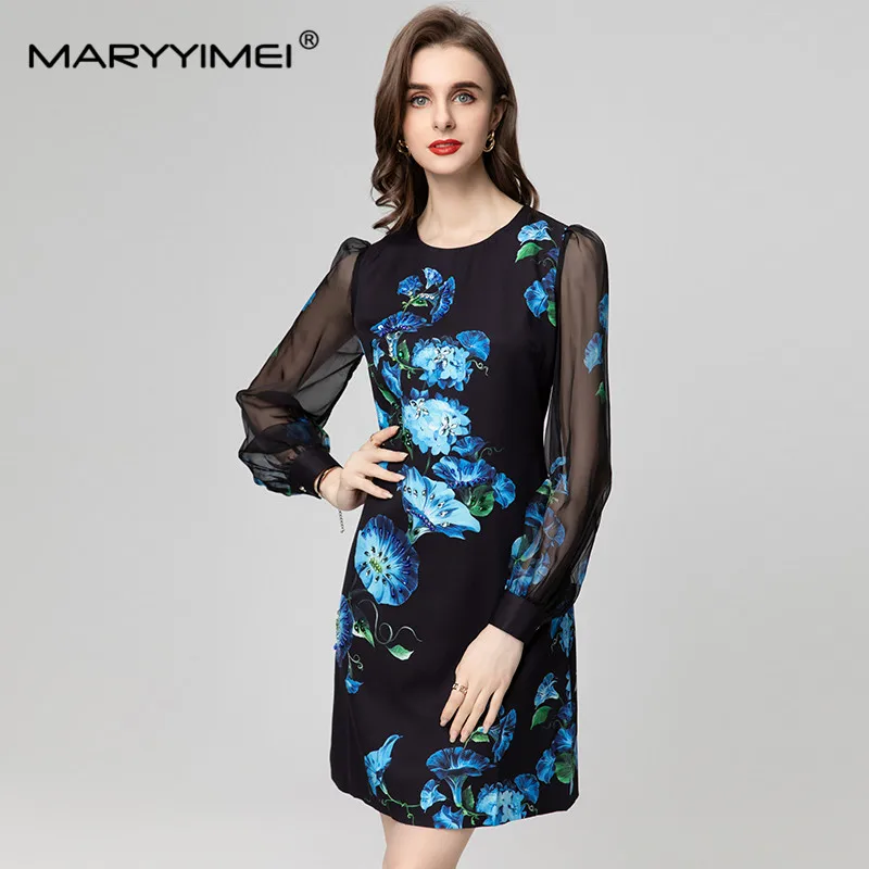 

MARYYIMEI Fashion Women's New Round Neck See-Through Lantern Long-Sleeved Nail Beads Printed Vintage High-Waisted Mini Dress