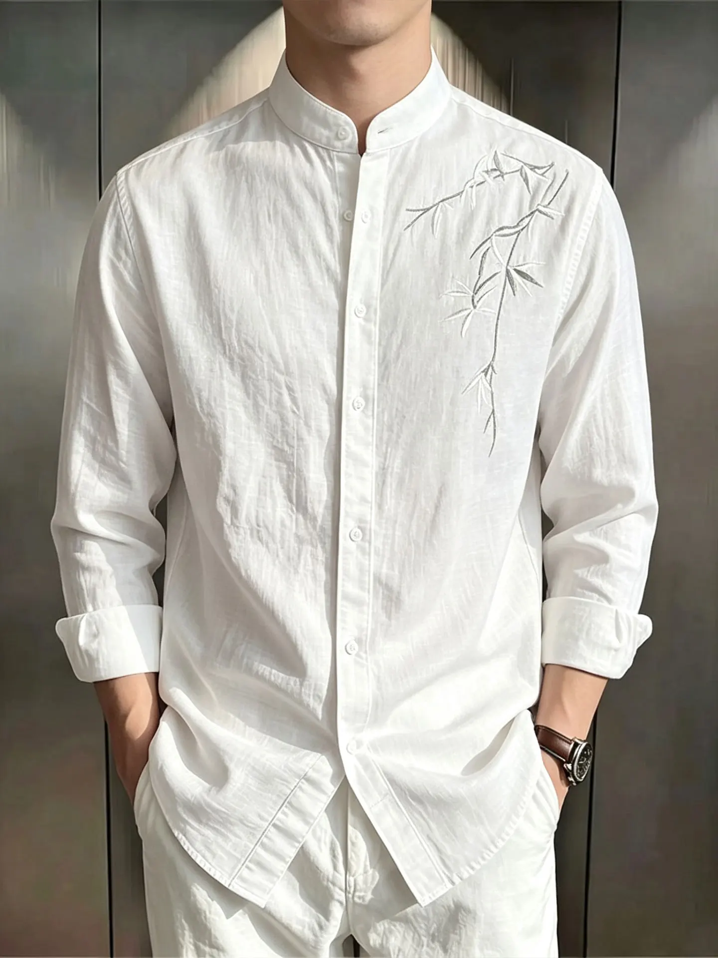 New Chinese Style Embroidered Flower Long Sleeve Slim Fit Casual Luxury Tang Costume Shirt for Men Stand Collar Leisure Fashion