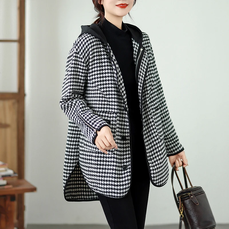 

Loose Cotton Blend Plaid Coat Hooded Commute Sle Thiened Winter Outerwear Women's Premium Faion Medium Length