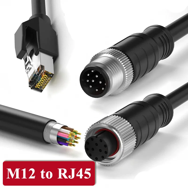 M12 8Pin To RJ45 Black Network Cable A/D/X-type Ethernet High Flexibility Connector 4 Pin Male Female Industrial Shielded Cable