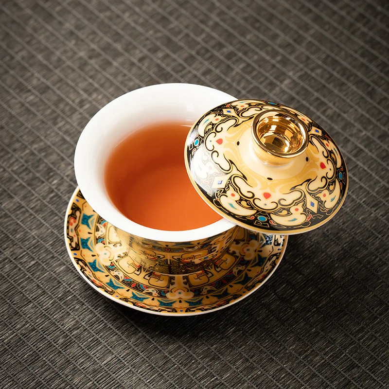 Chinoiserie Tea Cup Enamel Color Rotatable Hover Three-Cup Bowl Chinoiserie Kung Fu Household Tea Making Gold with Lid Mutton Fat Jade Porcelain Tea Bowl 3