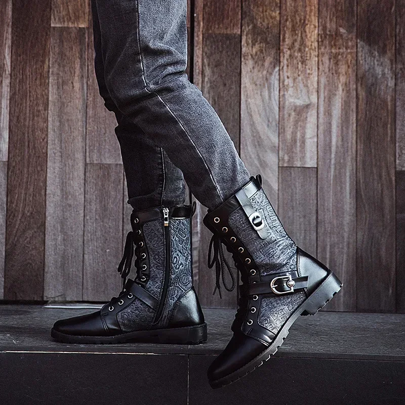 Herren Punk Stiefel Straße Motorrad Stiefel Seite Reiß verschluss Schnalle Riemen Herren Stiefel lässig Leder Jazz Stiefel Schnürstiefel erkek