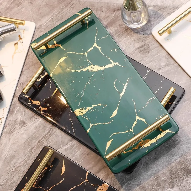 

Керамический прямоугольный поднос с металлической ручкой, поднос для раковины в ванной комнате, туалетный столик, стеллаж для хранения косметики, чайный поднос, украшение дома