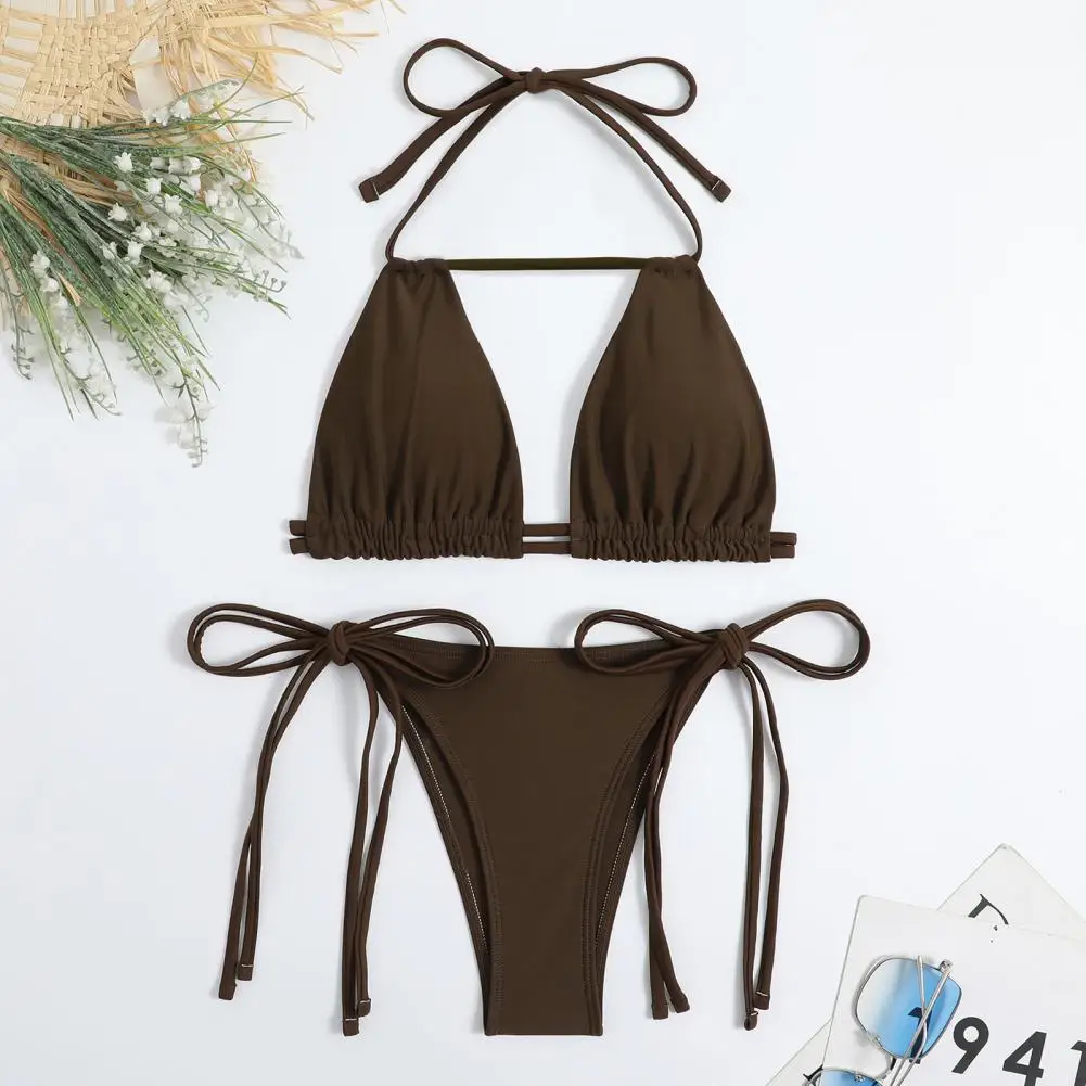 2Pcs/Set Women Sexy Bikini Set Halter Sleeveless Bra High Waist Lace-up Swim Briefs Set Solid Color Split Design Beachwear