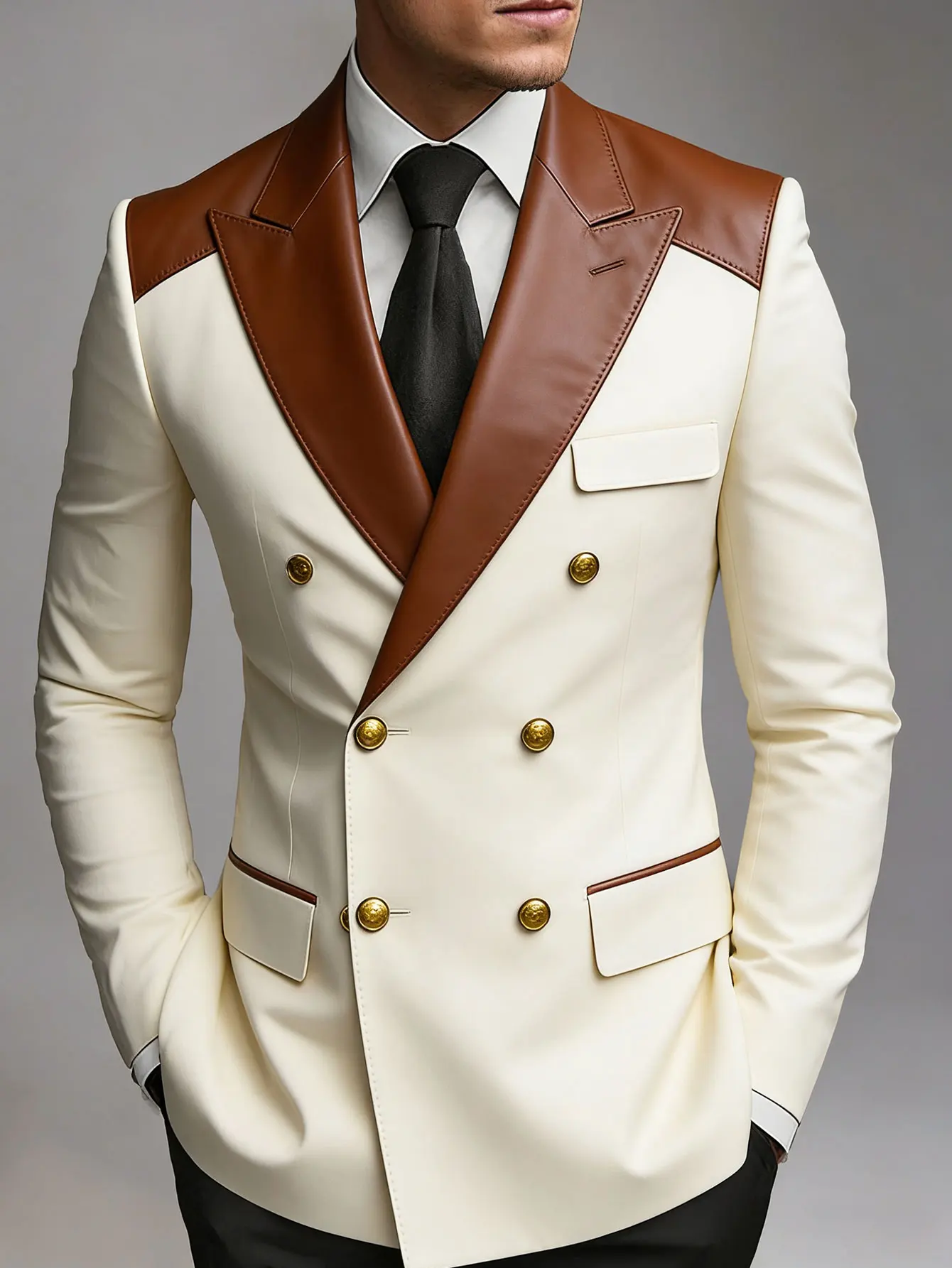 

Men Cream White Double Breasted Blazer Brown Faux Leather Peak Lapel Gold Buttons Slim Fit Wedding Groom Stage Formal Tuxedo Jac
