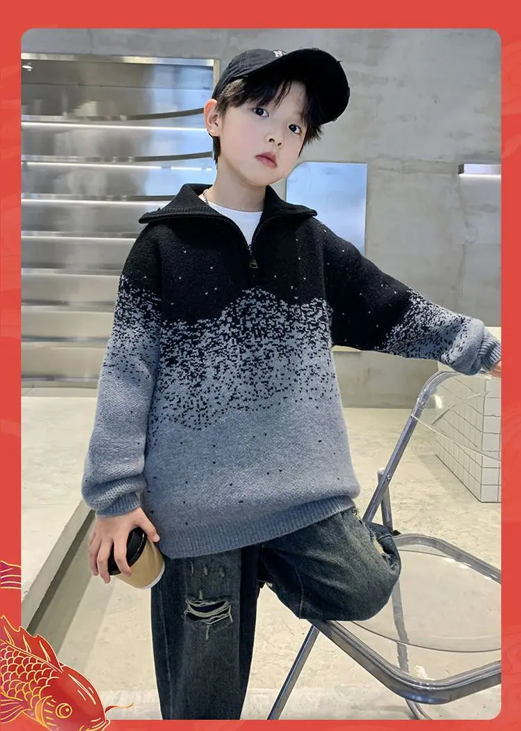 Kinder-Streifen-Polopullover mit halbem Reißverschluss für Jungen, Frühling, High-Street-Strickwaren, Teenager, Kinder, modische Strickpullover-Outfits – Detail 5