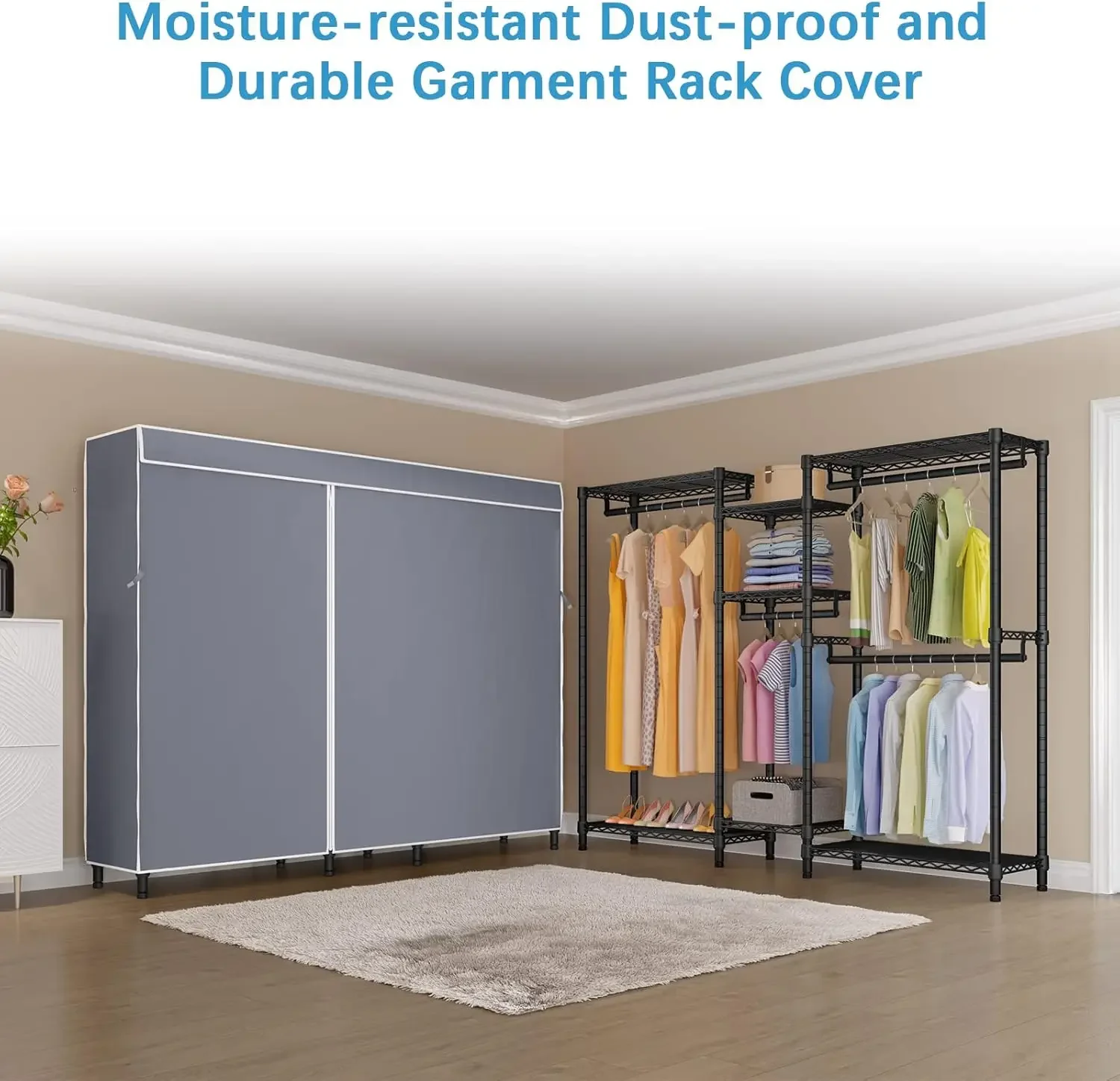 Heavy Duty Covered Clothes Rack Portable Wardrobe Closet, 5 Tiers Wire Garment Rack Black Metal Clothing Rack