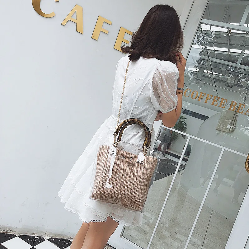 Transparent Hand-Woven Women\\\'s Shoulder Handbag Bohemian 2021 Summer Straw Beach Tote Shopper Weaving Shopping Bags