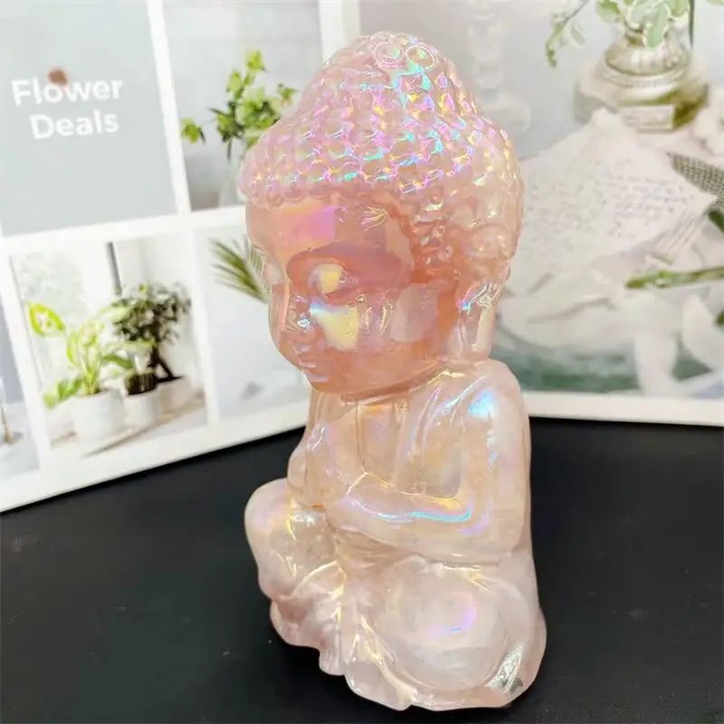 Natural Aura Rose Quartz Buddha Carving Polished Reiki Healing High Quality Room Decor Energy Gift 1PCS