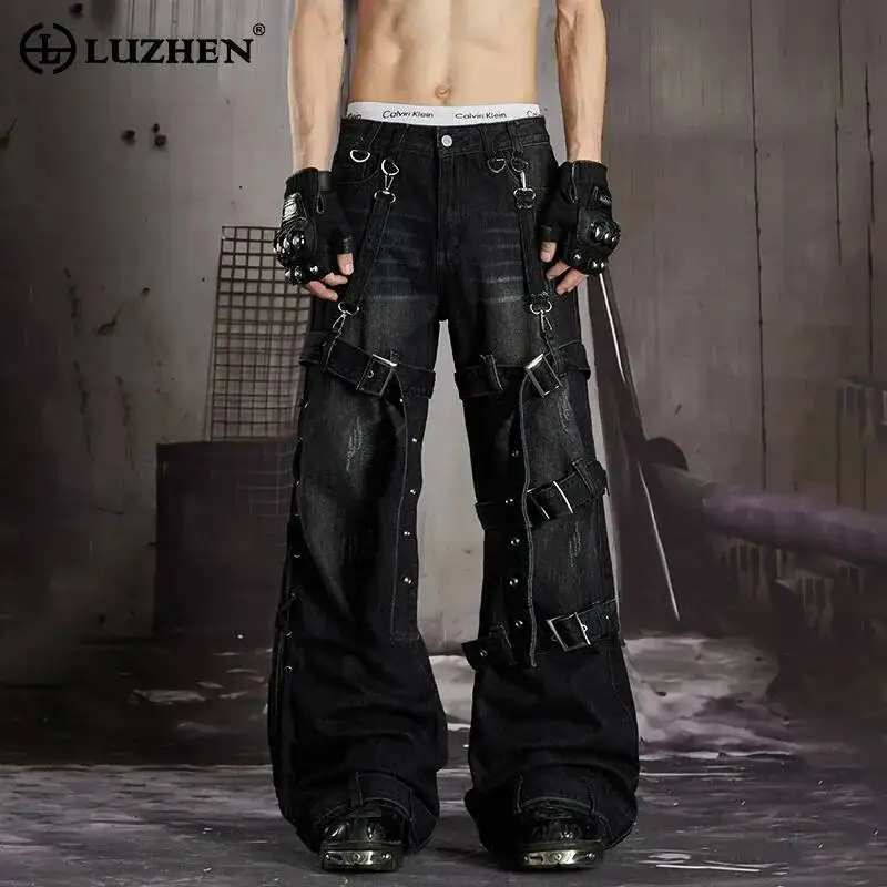LUZHEN 2026 New Original Multi Belt Decorate Patchwork Denim Bell-bottoms Trousers Men Trendy Street Handsome Male Jeans JY7449