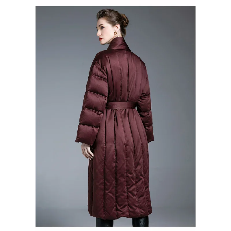 2024 Winter Down Jacket Women Thick Loose Luxury Red Long Coats Slimming Over-the-Knee Warm Slant Collar Removable Belt Pocket