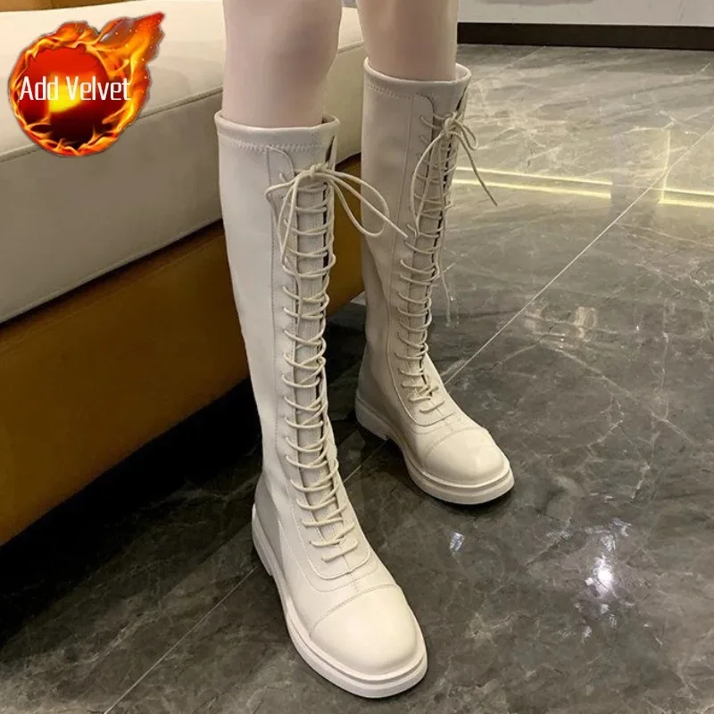 Women Knee High Boot Elegant Self Cultivation Knight Boot Fashion Cross Tied Platform Boots for Woman Designer Shoes Botas Mujer