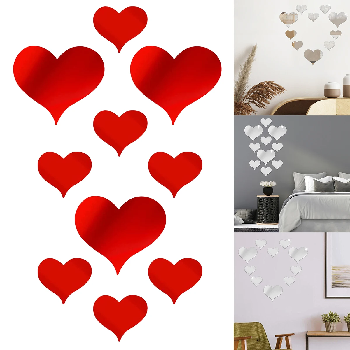 10 Pcs Love Heart Mirror Wall Stickers Acrylic 3D Heart-shaped Art Wall Decals DIY Artistic Craft Wall Decoration Home Murals