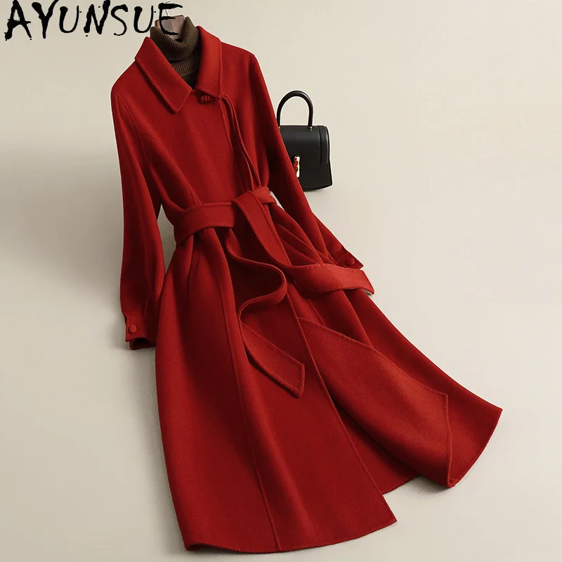 

AYUNSUE пальто из 100% мериносовой шерсти, женское двустороннее шерстяное пальто, зимняя одежда на шнуровке, элегантные женские куртки Jaqueta Feminina