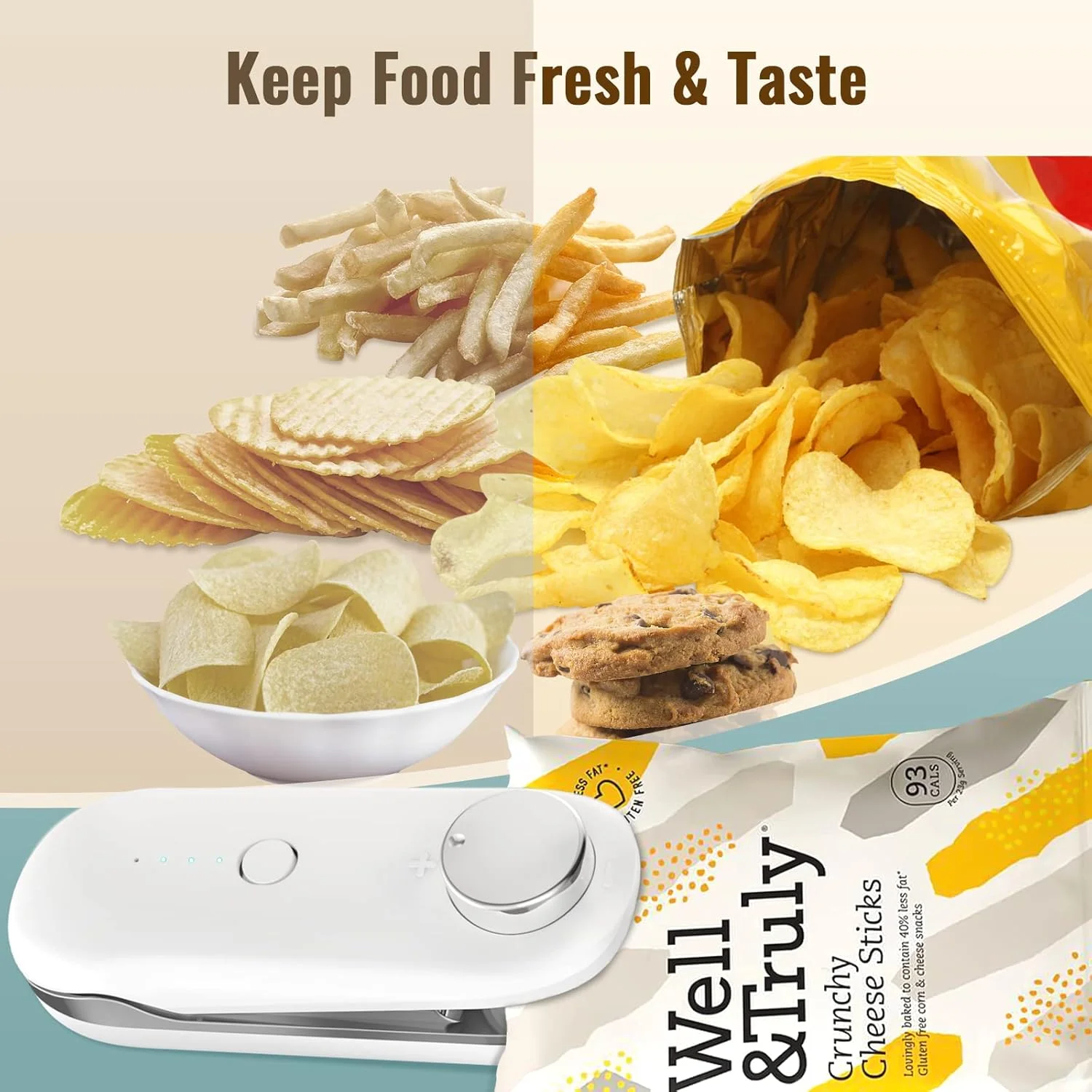 ミニバッグシーラー 2 in 1 ヒートシーラー付き、ポータブルフードシーラー食品用ミニシール機、ビニール袋、調整可能なギア