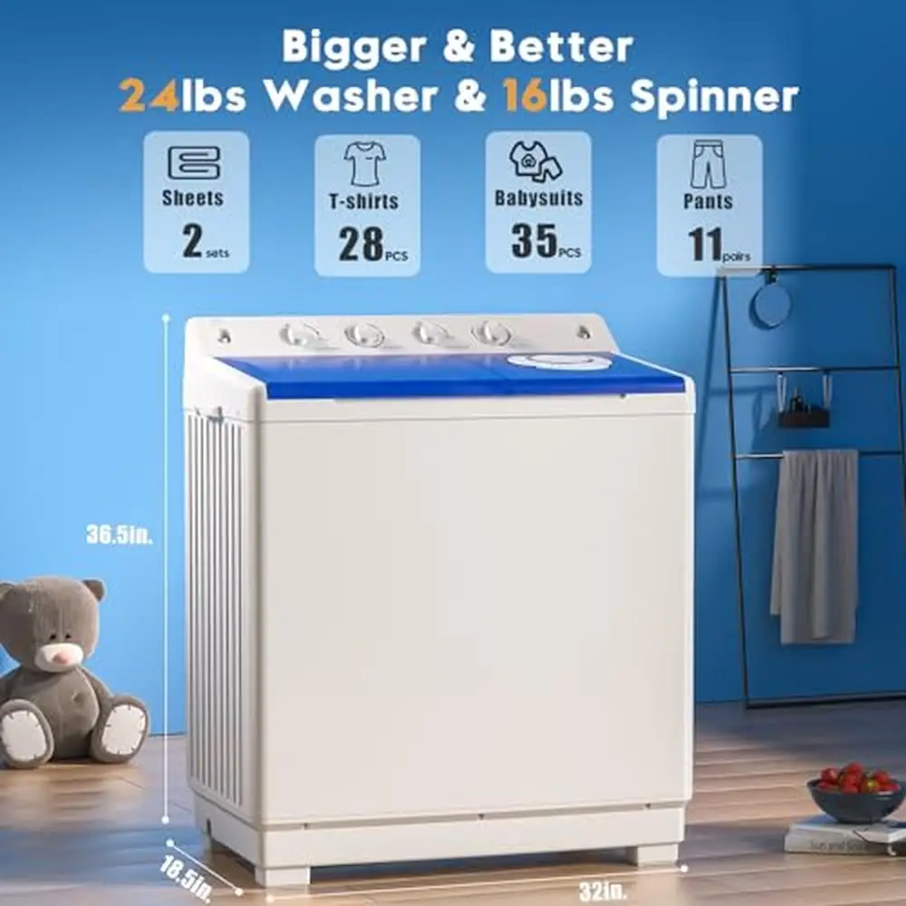 Portable Twin Tub Washer Drain Pump 40lbs Compact Laundry Machine Semi-automatic 24lbs Washer 16lbs Dorm Apartment RV 1300rpm