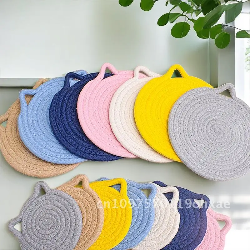 Tapete de mesa tecido de corda de algodão estilo nórdico anti-queimadura isolamento térmico dos desenhos animados gato ponto forma engrossado lugar esteira em várias cores