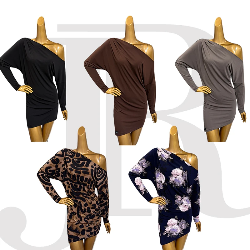 2023 neue Latin Dance Kleid Für Frauen Lange Ärmeln Schräge Schultern Lose Fit Kleid Chacha Rumba Tango Praxis Kleidung DQS21035