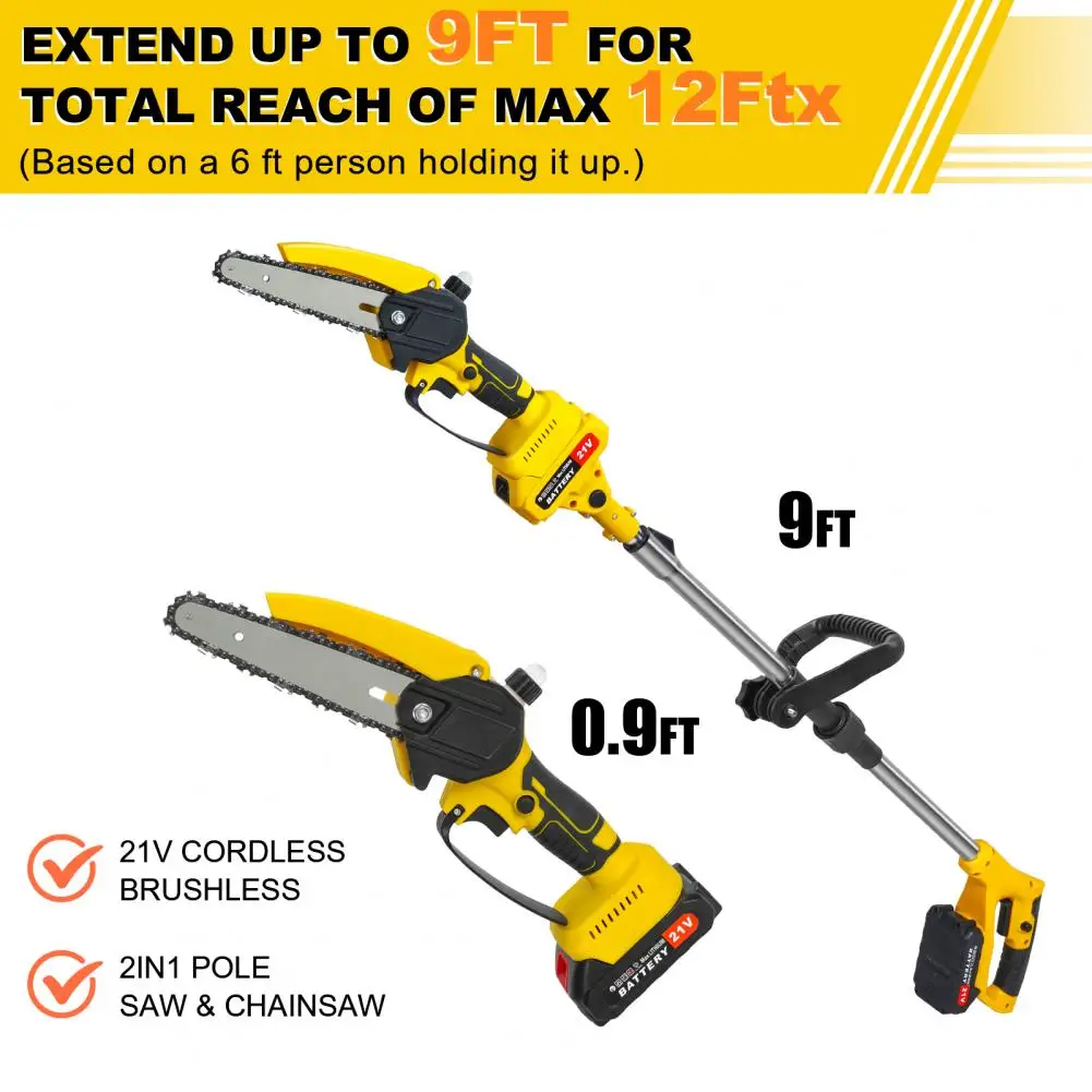 2in1 Garden Cordless Pole Saw Mini Chainsaw, 6inch Brushless Electric Chain Saw with 2 Battery, Reach Pole Saw for Tree Pruning