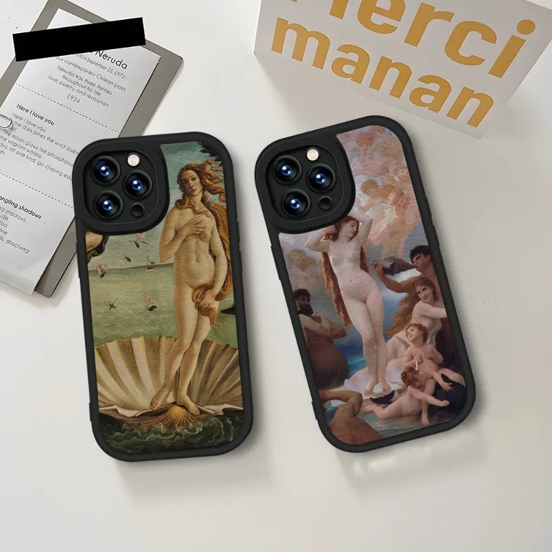 Art Painting The-Birth-Of-Venus Phone Case Black For IPhone 14 11 13 12 Pro Max Mini Xs X Xr 7 8 Plus SE2020 Leather Texture