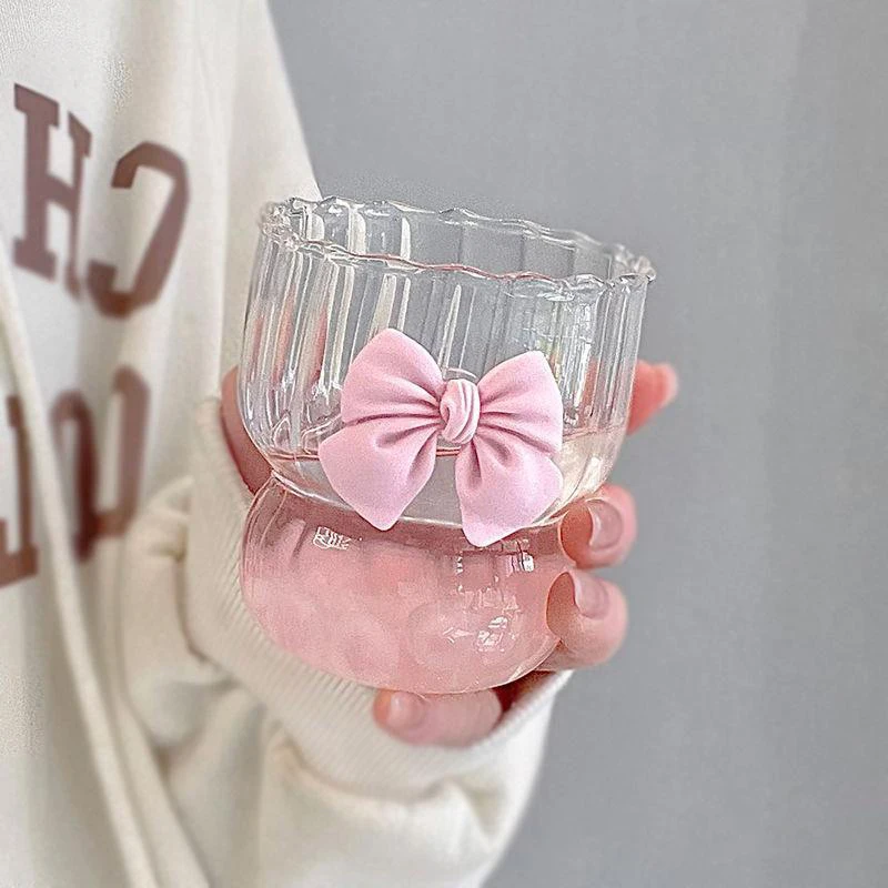 Cute Pink Bow Glass Water Cup Cartoon Bow Glass Cup Striped Cute Doodle Coffee Mug Household Fruit Tea Lemonade Girls Gift