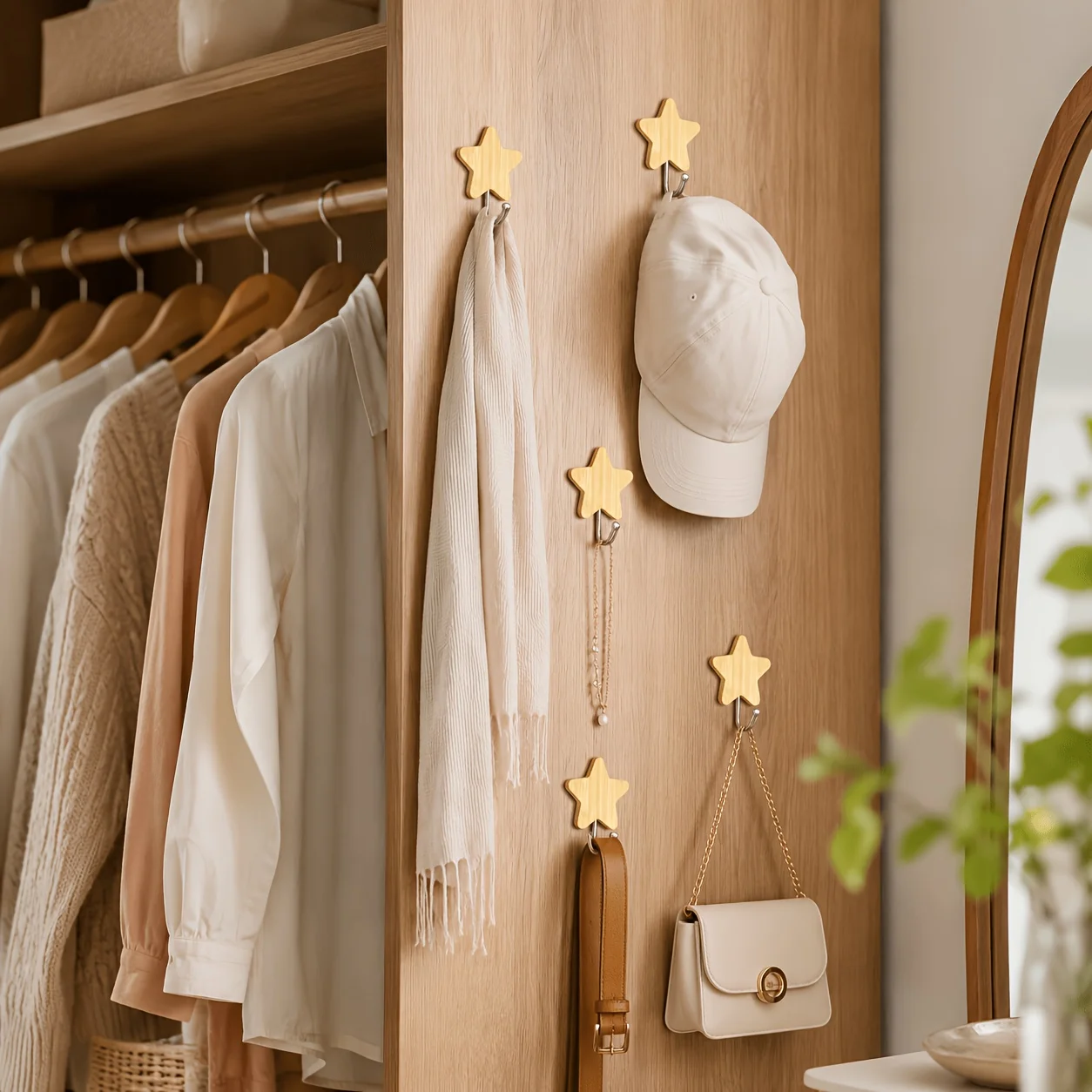 1Pc Self-Adhesive Wall Hooks, No-Drill Star-Shaped Wooden Hooks, Strong Sticky Wall-Mounted Hooks for Home Bathroom Office