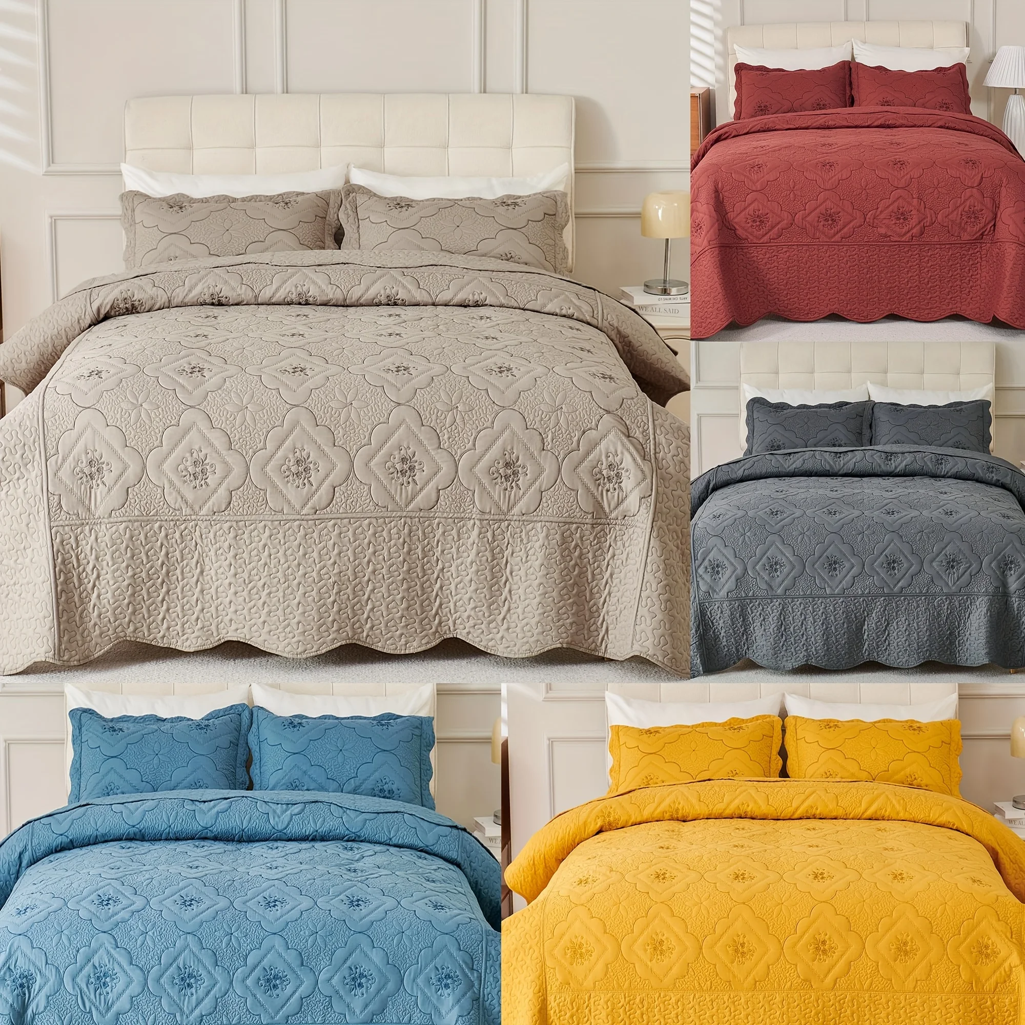 

3pcs Exquisitely Crafted King/ Queen Size Quilted Bedspread Set with Intricate Floral Embroidery - 100% Polyester, Wrinkle - Res