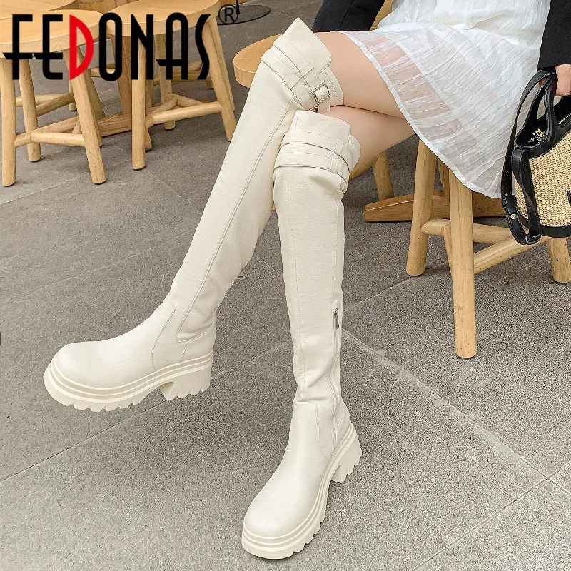 

FEDONAS 2023 Women Over The Knee High Boots Autumn Winter Popular Punk Buckle Thick Heels Platforms Genuine Leather Shoes Woman