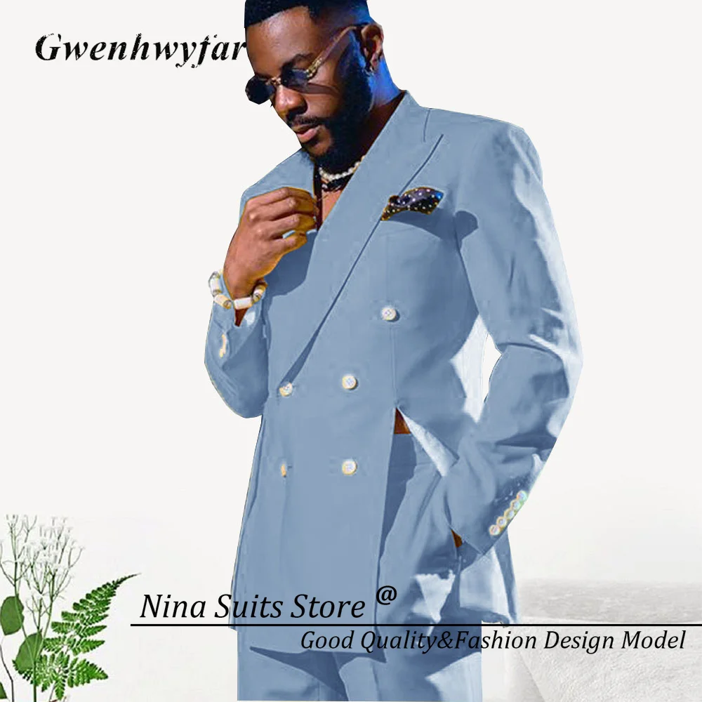 

Gwenhwyfar небесно-голубые смокинги мужские костюмы двубортный Блейзер брюки 2024 мужская куртка с двумя разрезами спереди индивидуальная одежда для вечеринки