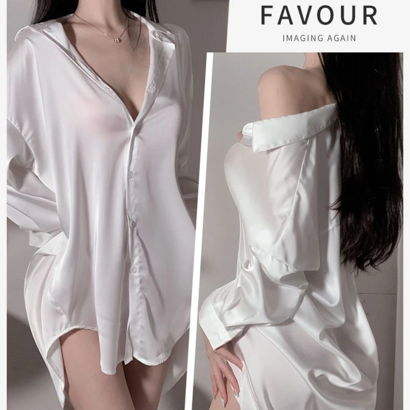 Women Shirt Dress Sexy Pajama Girl\'s Shirt Satin Women Tops Casual Blouse 2023 Spring Autumn Loose Mid-length White Shirt Women