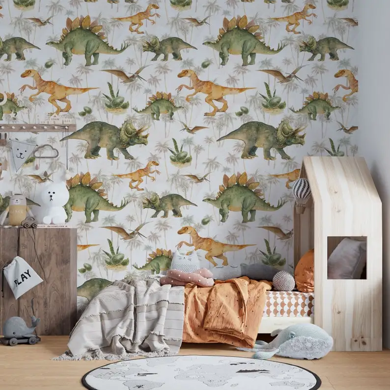 Dinosaurs Kids Wallpaper, Dinosaur Nursery Mural Peel and Stick Self Adhesive Wall Mural, Child Room Dinosaur Decal, Removable W