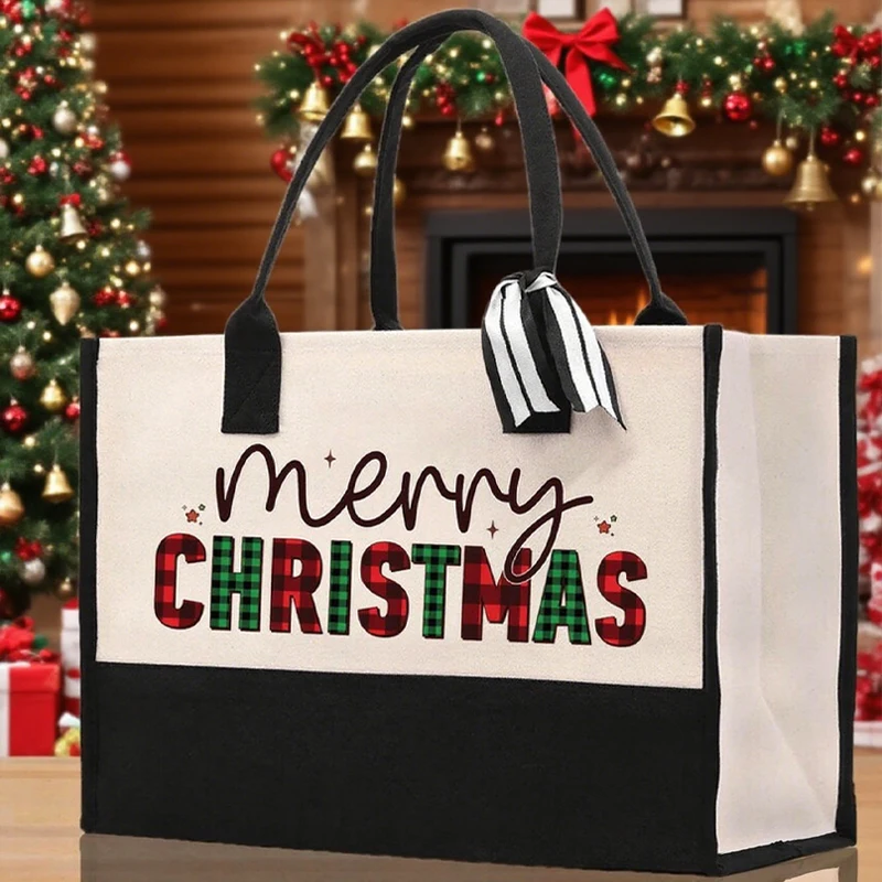 

1pcs Merry Christmas Black White Spliced Tote Bag with Ribbon Merry Xmas Eve Gifts Santa Sack Holiday Party Decoration Supplies